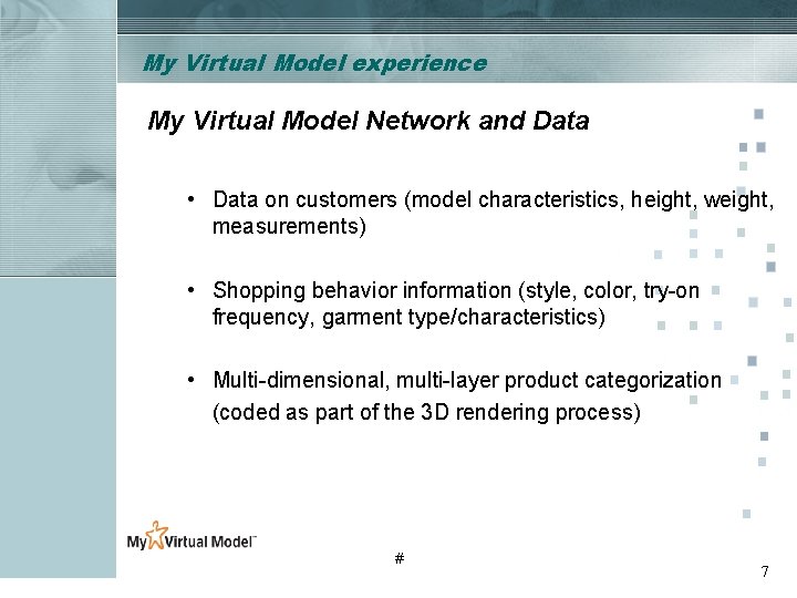 My Virtual Model experience My Virtual Model Network and Data • Data on customers My Virtual Model experience My Virtual Model Network and Data • Data on customers