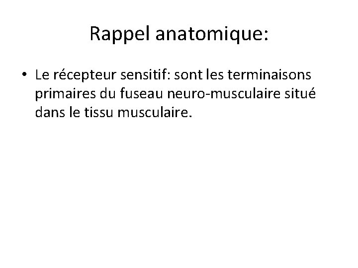 Rappel anatomique: • Le récepteur sensitif: sont les terminaisons primaires du fuseau neuro-musculaire situé