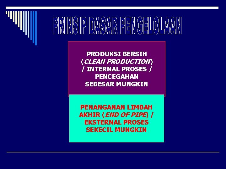 PRODUKSI BERSIH (CLEAN PRODUCTION) / INTERNAL PROSES / PENCEGAHAN SEBESAR MUNGKIN PENANGANAN LIMBAH AKHIR