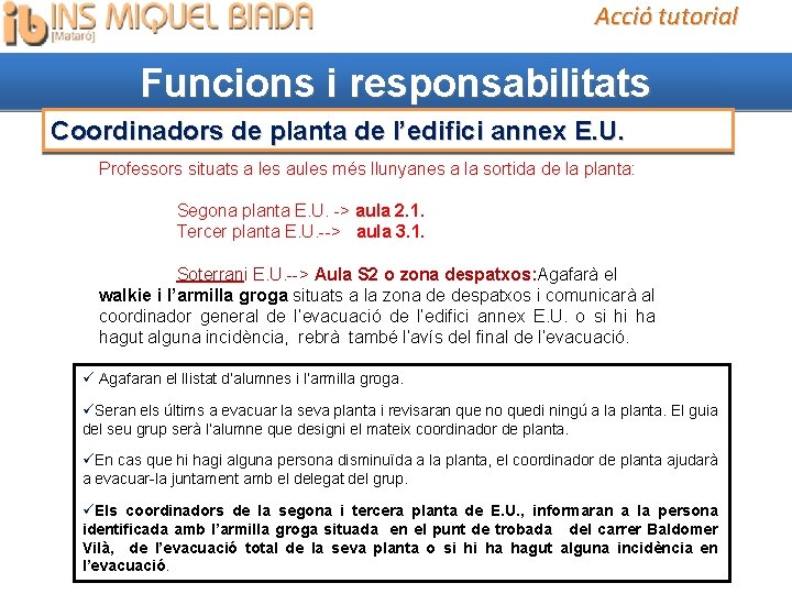 Acció tutorial Funcions i responsabilitats Coordinadors de planta de l’edifici annex E. U. Professors