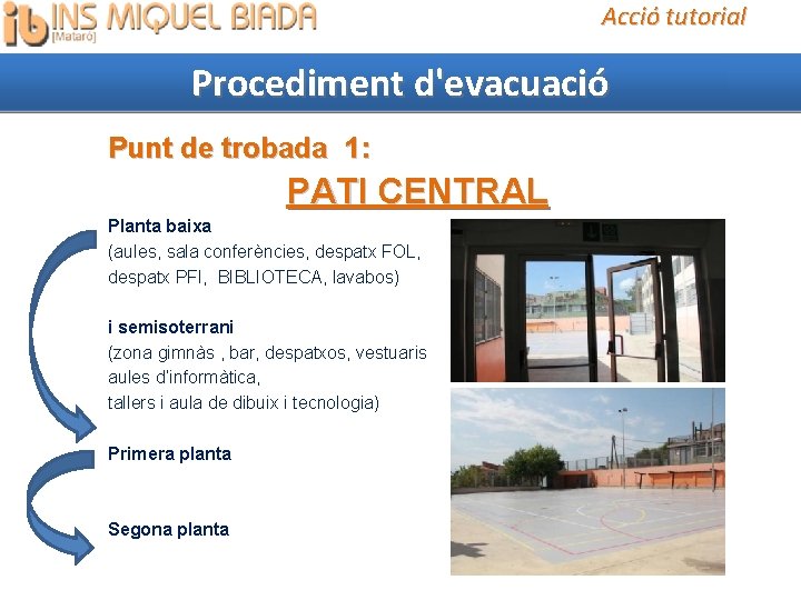 Acció tutorial Procediment d'evacuació Punt de trobada 1: PATI CENTRAL Planta baixa (aules, sala