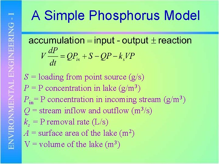 A Simple Phosphorus Model S = loading from point source (g/s) P = P