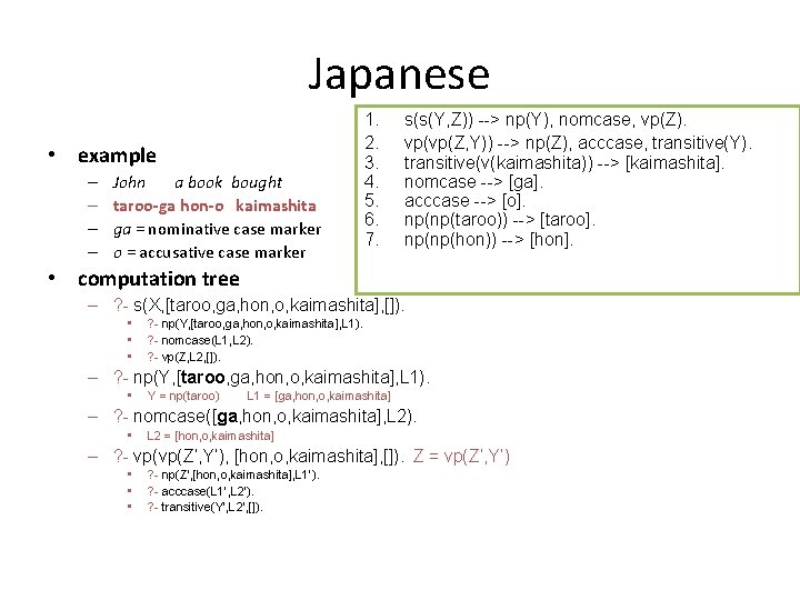 Japanese • example – – John a book bought taroo-ga hon-o kaimashita ga =