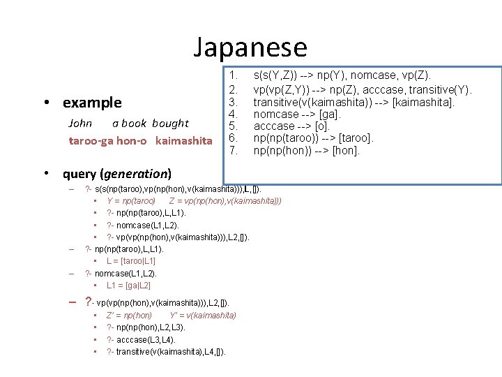 Japanese • example John a book bought taroo-ga hon-o kaimashita 1. 2. 3. 4.