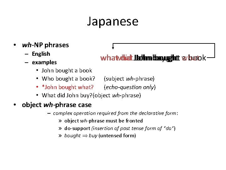 Japanese • wh-NP phrases – English what did John buy bought what a book