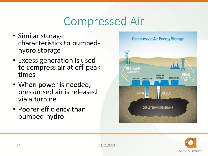 Compressed Air • Similar storage characteristics to pumpedhydro storage • Excess generation is used