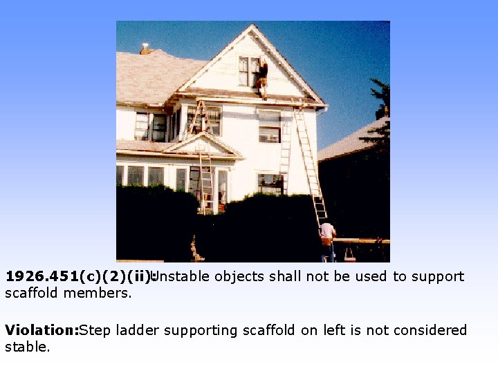 1926. 451(c)(2)(ii): Unstable objects shall not be used to support scaffold members. Violation: Step