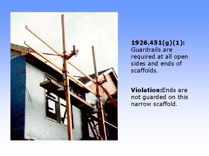 1926. 451(g)(1): Guardrails are required at all open sides and ends of scaffolds. Violation:
