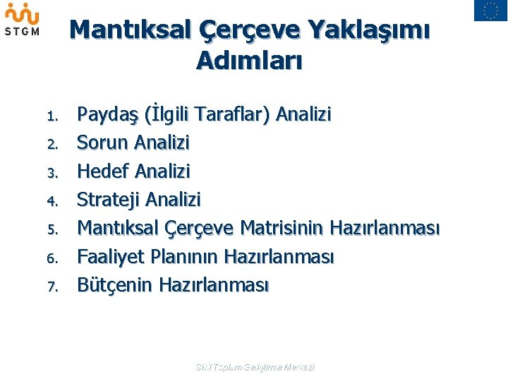 Mantıksal Çerçeve Yaklaşımı Adımları 1. 2. 3. 4. 5. 6. 7. Paydaş (İlgili Taraflar)