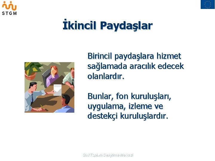 İkincil Paydaşlar Birincil paydaşlara hizmet sağlamada aracılık edecek olanlardır. Bunlar, fon kuruluşları, uygulama, izleme