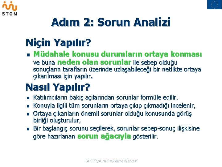 Adım 2: Sorun Analizi Niçin Yapılır? n Müdahale konusu durumların ortaya konması ve buna