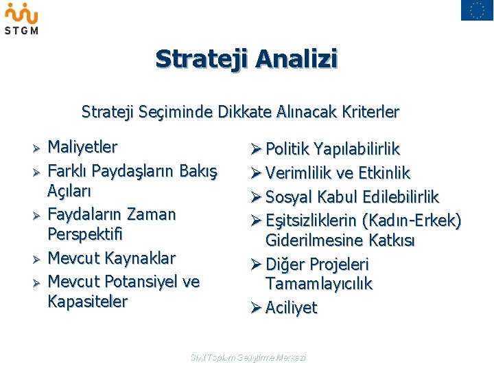 Strateji Analizi Strateji Seçiminde Dikkate Alınacak Kriterler Ø Ø Ø Maliyetler Farklı Paydaşların Bakış