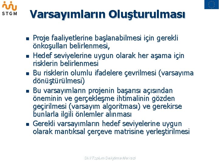 Varsayımların Oluşturulması n n n Proje faaliyetlerine başlanabilmesi için gerekli önkoşulları belirlenmesi, Hedef seviyelerine