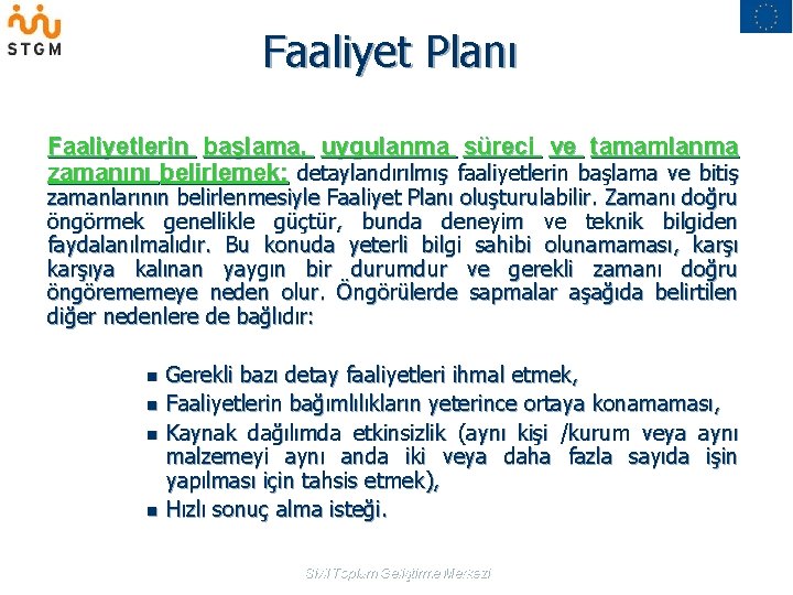 Faaliyet Planı Faaliyetlerin başlama, uygulanma süreci ve tamamlanma zamanını belirlemek; detaylandırılmış faaliyetlerin başlama ve