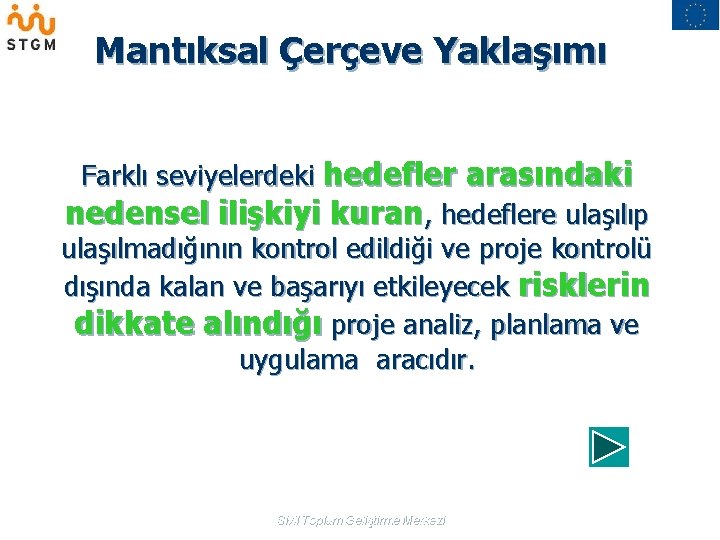 Mantıksal Çerçeve Yaklaşımı Farklı seviyelerdeki hedefler arasındaki nedensel ilişkiyi kuran, hedeflere ulaşılıp ulaşılmadığının kontrol