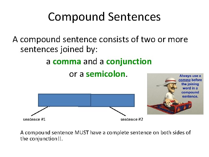 Compound Sentences A compound sentence consists of two or more sentences joined by: a