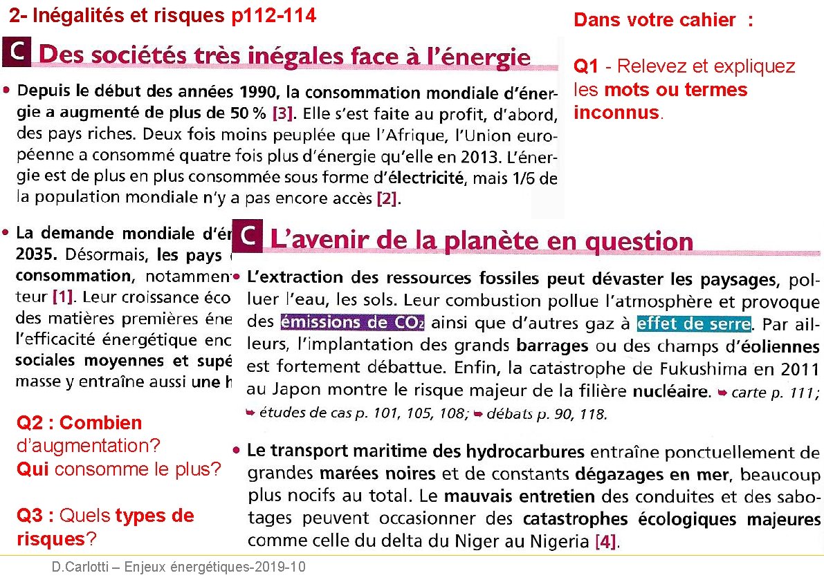 2 - Inégalités et risques p 112 -114 Dans votre cahier : Q 1