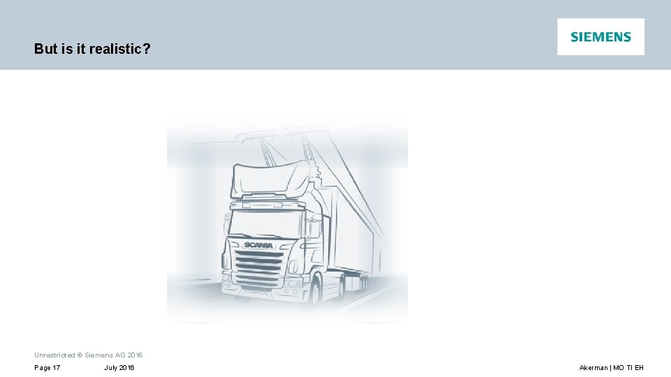 But is it realistic? Unrestricted © Siemens AG 2016 Page 17 July 2016 Akerman