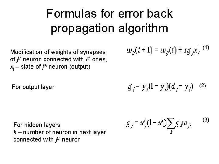 Formulas for error back propagation algorithm Modification of weights of synapses of jth neuron