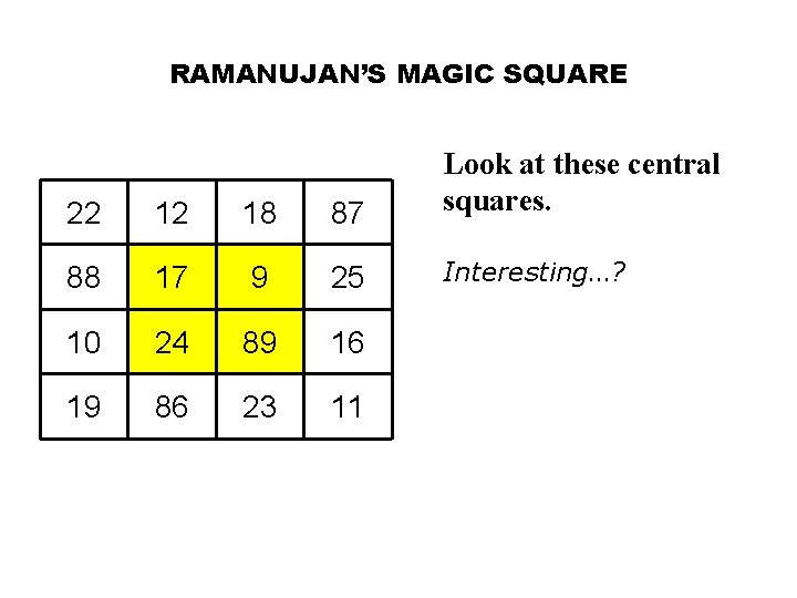 RAMANUJAN’S MAGIC SQUARE 22 12 18 87 Look at these central squares. 88 17 RAMANUJAN’S MAGIC SQUARE 22 12 18 87 Look at these central squares. 88 17