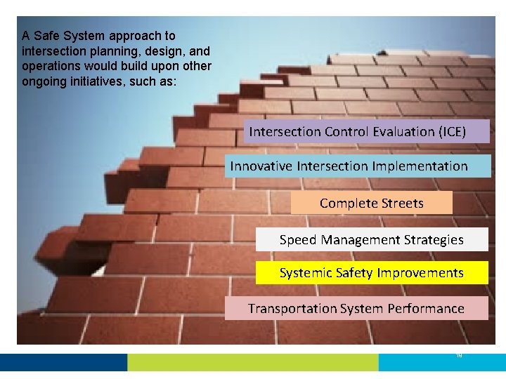 A Safe System approach to intersection planning, design, and operations would build upon other