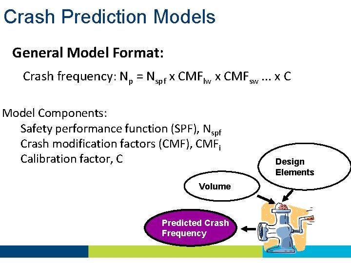 Crash Prediction Models General Model Format: Crash frequency: Np = Nspf x CMFlw x