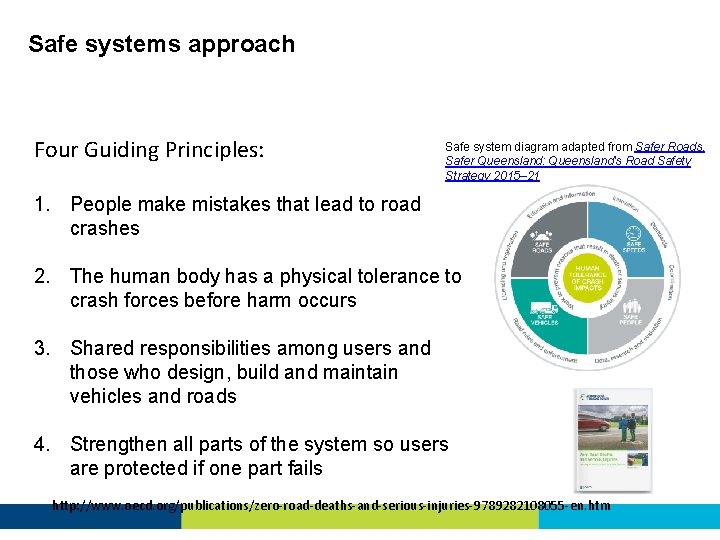 Safe systems approach Four Guiding Principles: Safe system diagram adapted from Safer Roads, Safer