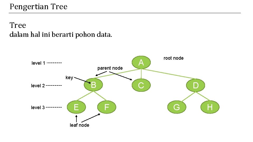 Pengertian Tree dalam hal ini berarti pohon data. level 1 parent node A root