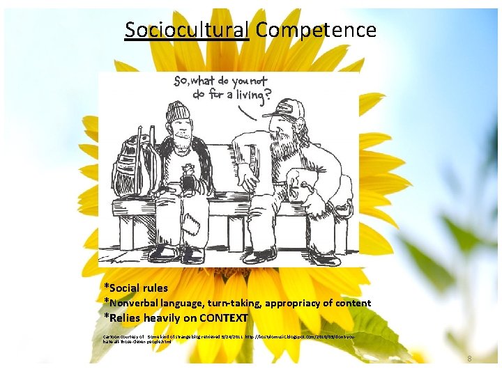 Sociocultural Competence *Social rules *Nonverbal language, turn-taking, appropriacy of content *Relies heavily on CONTEXT