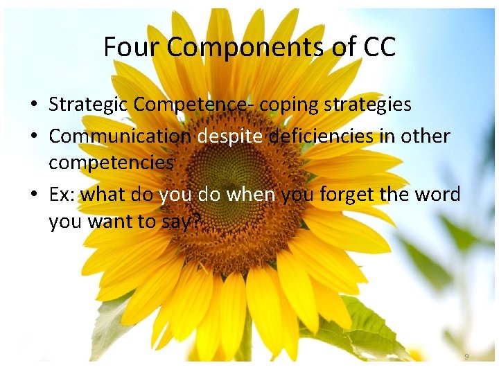 Four Components of CC • Strategic Competence- coping strategies • Communication despite deficiencies in