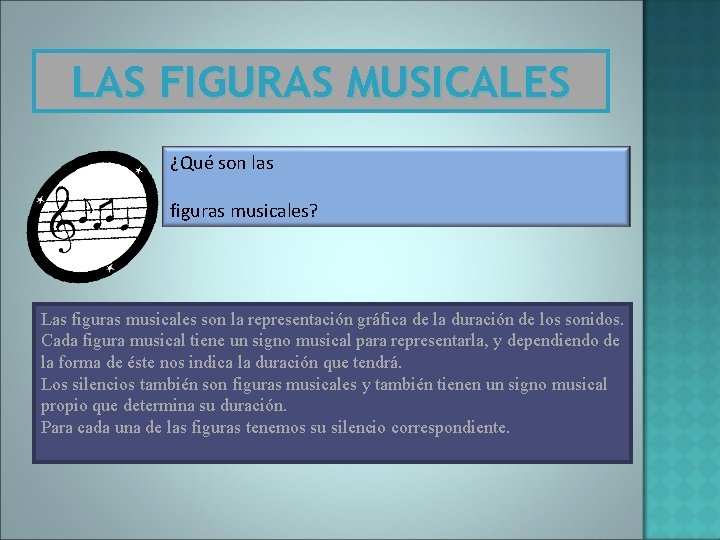 LAS FIGURAS MUSICALES ¿Qué son las figuras musicales? Las figuras musicales son la representación