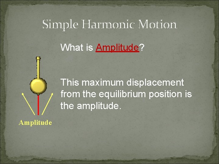 Simple Harmonic Motion What is Amplitude? This maximum displacement from the equilibrium position is