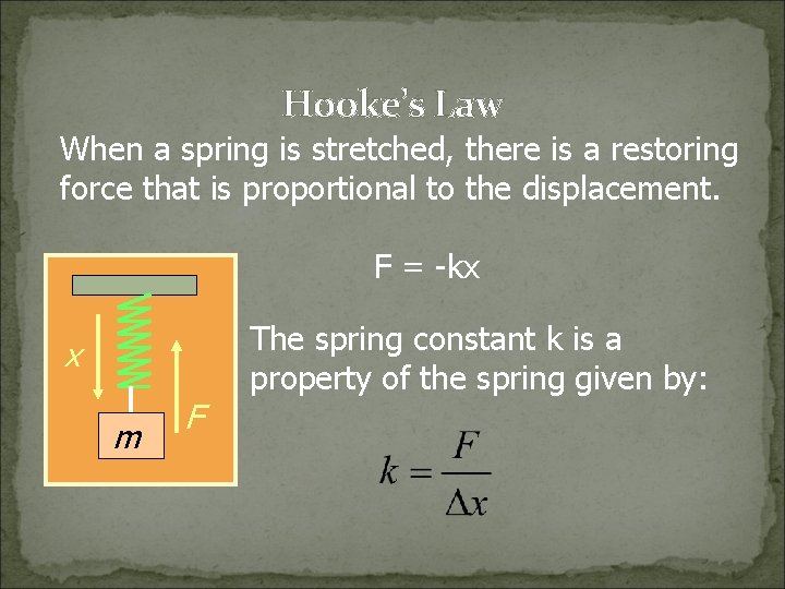 Hooke’s Law When a spring is stretched, there is a restoring force that is