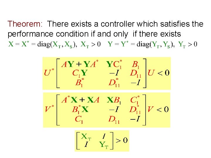 Theorem: There exists a controller which satisfies the performance condition if and only if