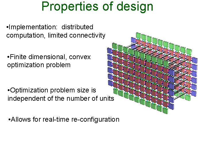 Properties of design • Implementation: distributed computation, limited connectivity • Finite dimensional, convex optimization Properties of design • Implementation: distributed computation, limited connectivity • Finite dimensional, convex optimization