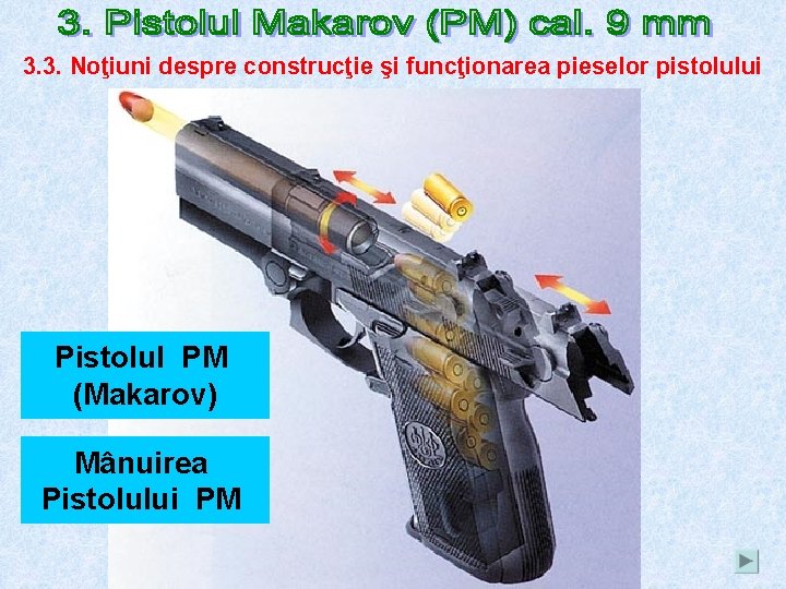 3. 3. Noţiuni despre construcţie şi funcţionarea pieselor pistolului Pistolul PM (Makarov) Mânuirea Pistolului