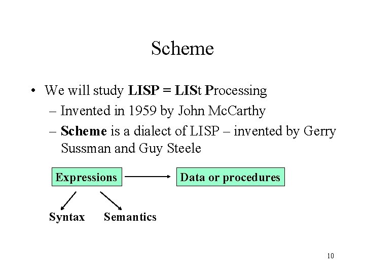 Scheme • We will study LISP = LISt Processing – Invented in 1959 by Scheme • We will study LISP = LISt Processing – Invented in 1959 by
