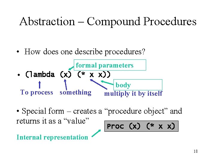 Abstraction – Compound Procedures • How does one describe procedures? formal parameters • (lambda Abstraction – Compound Procedures • How does one describe procedures? formal parameters • (lambda