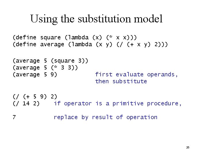 Using the substitution model (define square (lambda (x) (* x x))) (define average (lambda Using the substitution model (define square (lambda (x) (* x x))) (define average (lambda
