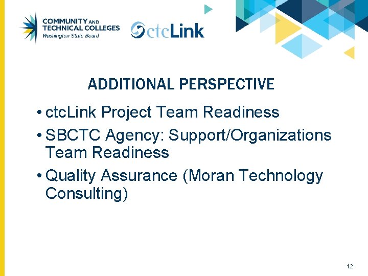 ADDITIONAL PERSPECTIVE • ctc. Link Project Team Readiness • SBCTC Agency: Support/Organizations Team Readiness