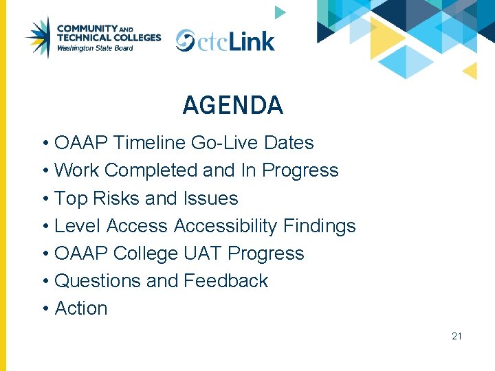 AGENDA • OAAP Timeline Go-Live Dates • Work Completed and In Progress • Top