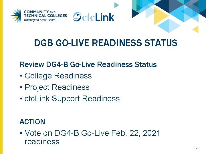 DGB GO-LIVE READINESS STATUS Review DG 4 -B Go-Live Readiness Status • College Readiness
