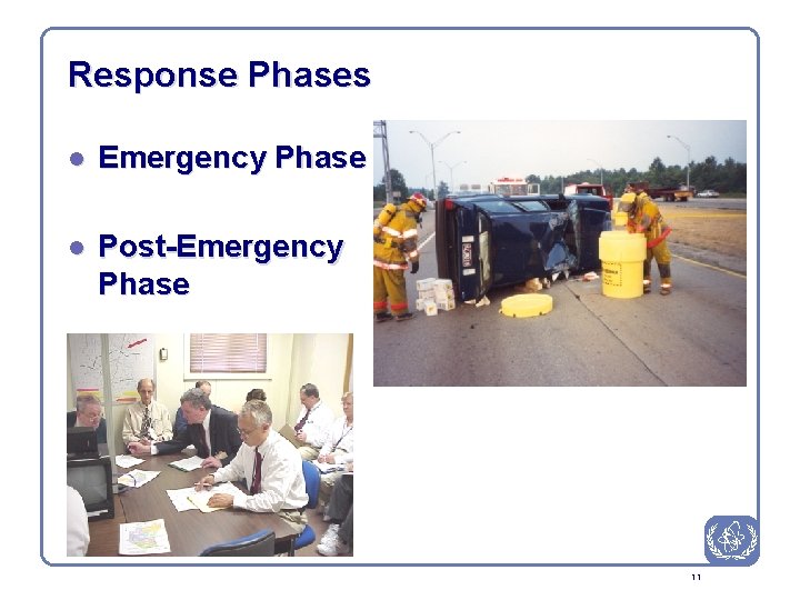 Response Phases l Emergency Phase l Post-Emergency Phase 11 