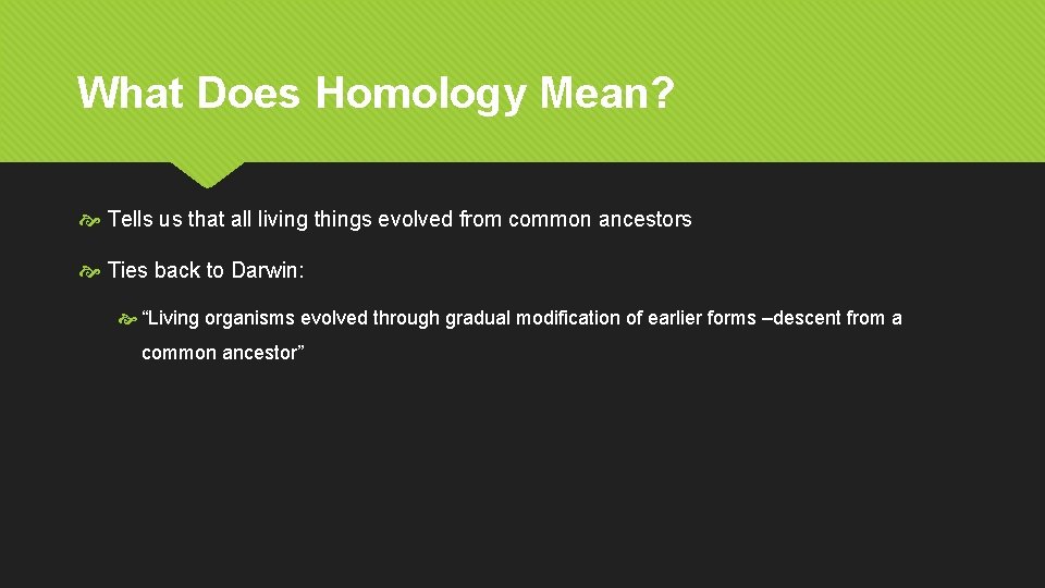 What Does Homology Mean? Tells us that all living things evolved from common ancestors