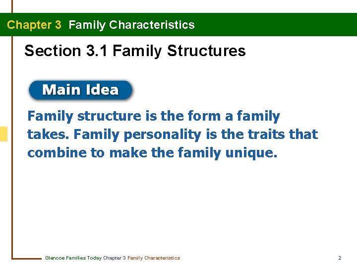 Chapter 3 Family Characteristics Section 3. 1 Family Structures Family structure is the form