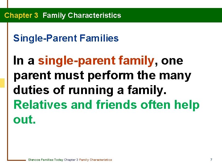 Chapter 3 Family Characteristics Single-Parent Families In a single-parent family, one parent must perform