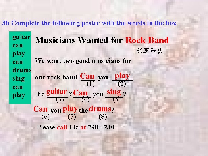 3 b Complete the following poster with the words in the box guitar Musicians 3 b Complete the following poster with the words in the box guitar Musicians