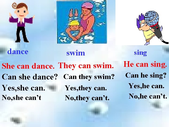 dance swim She can dance. They can swim. Can she dance? Can they swim? dance swim She can dance. They can swim. Can she dance? Can they swim?