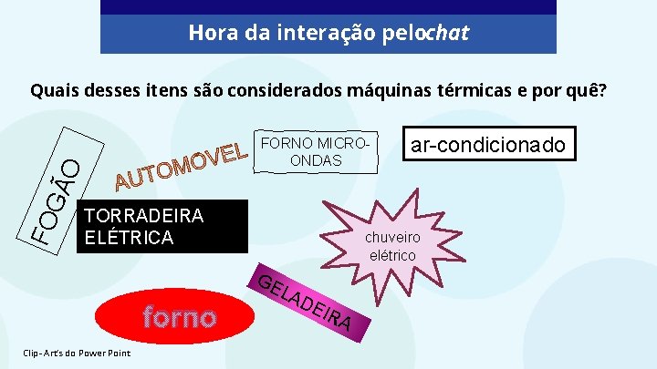 Hora da interação pelochat Quais desses itens são considerados máquinas térmicas e por quê?