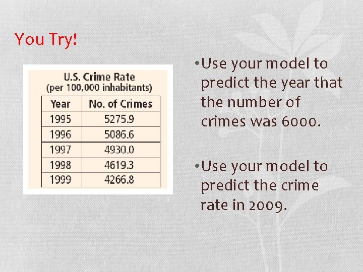 You Try! • Use your model to predict the year that the number of